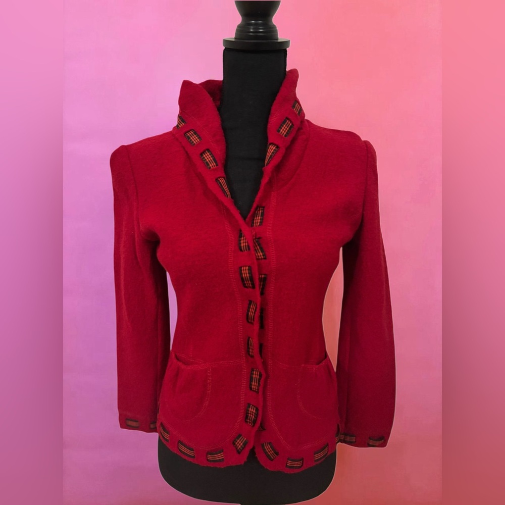 Vintage 90s Y2K Red Wool Button-Up Jacket Cardigan w/ Black Plaid Trim - XS